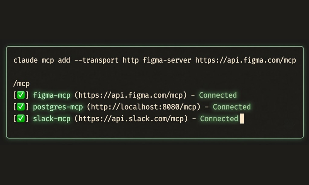 Claude Code MCP terminal showing active server connections with green checkmarks Claude Code MCP